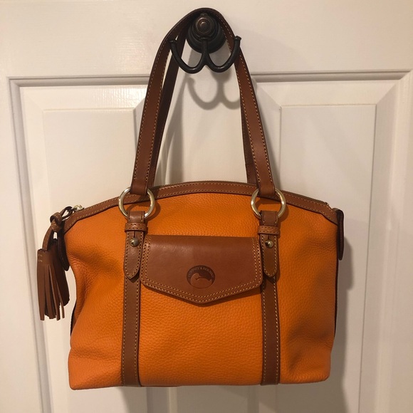 Authentic Dooney & Bourke Front Pocket Satchel Orange Leather and Brown Trim - Picture 7 of 13